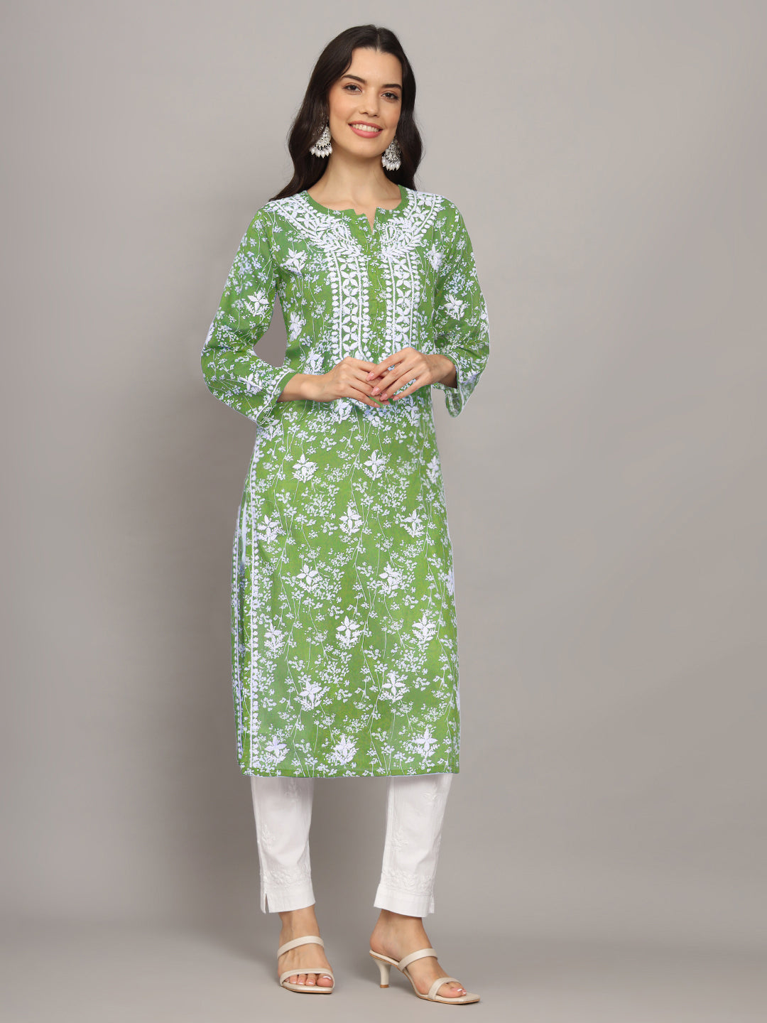 Women Hand Embroidered Chikankari Mulmul Cotton Printed Kurta-AL4041 Green