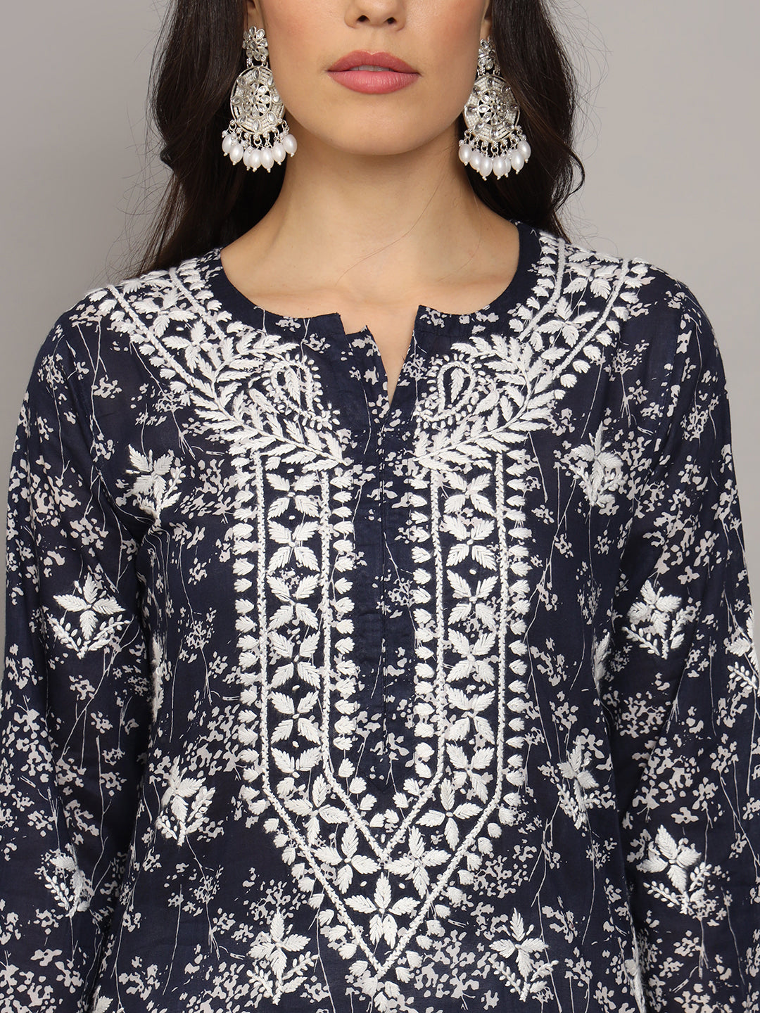 Women Hand Embroidered Chikankari Mulmul Cotton Printed Kurta-AL4041 Navy