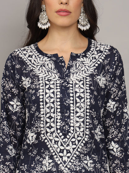 Women Hand Embroidered Chikankari Mulmul Cotton Printed Kurta-AL4041 Navy