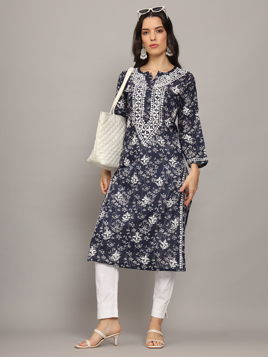 Women Hand Embroidered Chikankari Mulmul Cotton Printed Kurta-AL4041 Navy