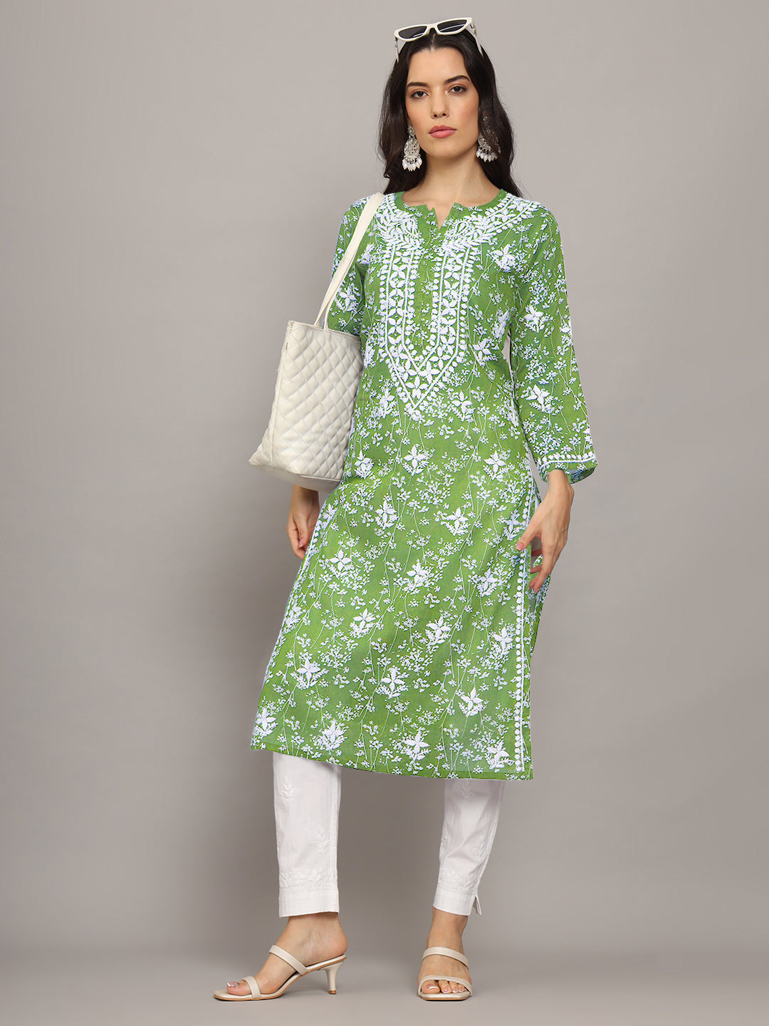 Women Hand Embroidered Chikankari Mulmul Cotton Printed Kurta-AL4041 Green