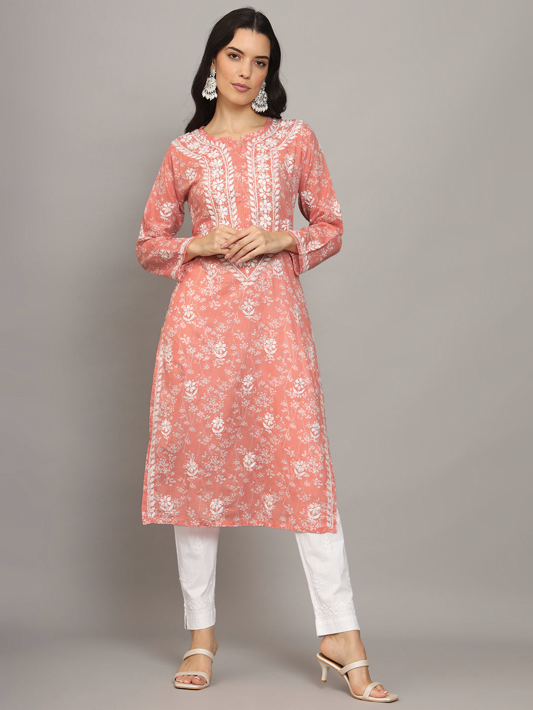 Women Hand Embroidered Chikankari Mulmul Cotton Printed Kurta-AL4041 Peach