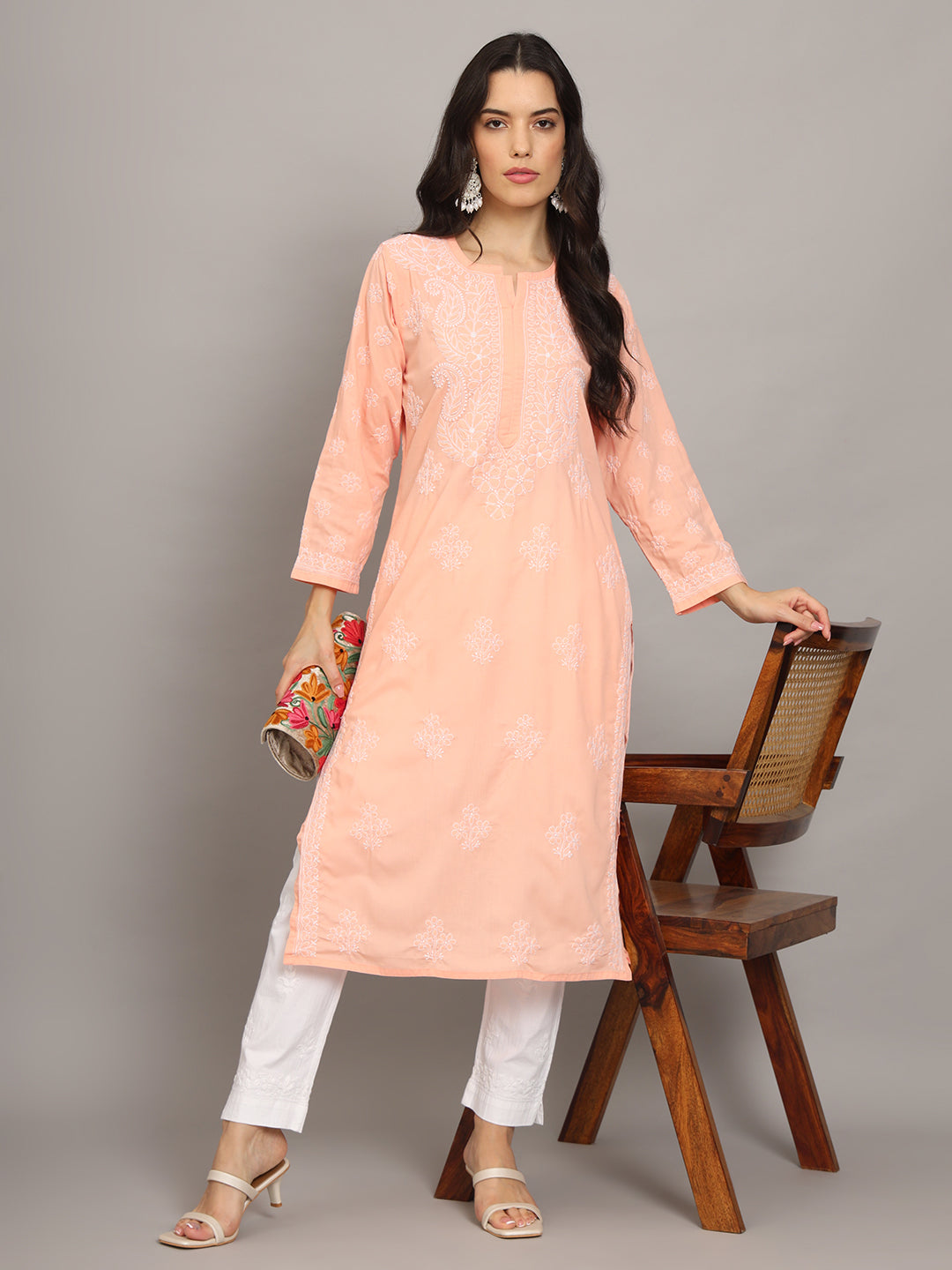 Women Hand Embroidered Chikankari Cotton Kurta-AL4043 Peach