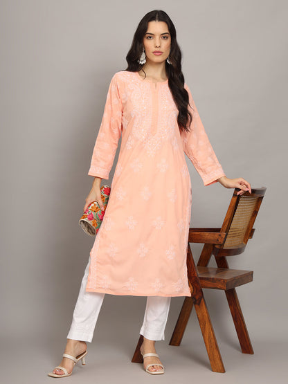 Women Hand Embroidered Chikankari Cotton Kurta-AL4043 Peach