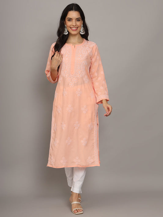 Women Hand Embroidered Chikankari Cotton Kurta-AL4043 Peach