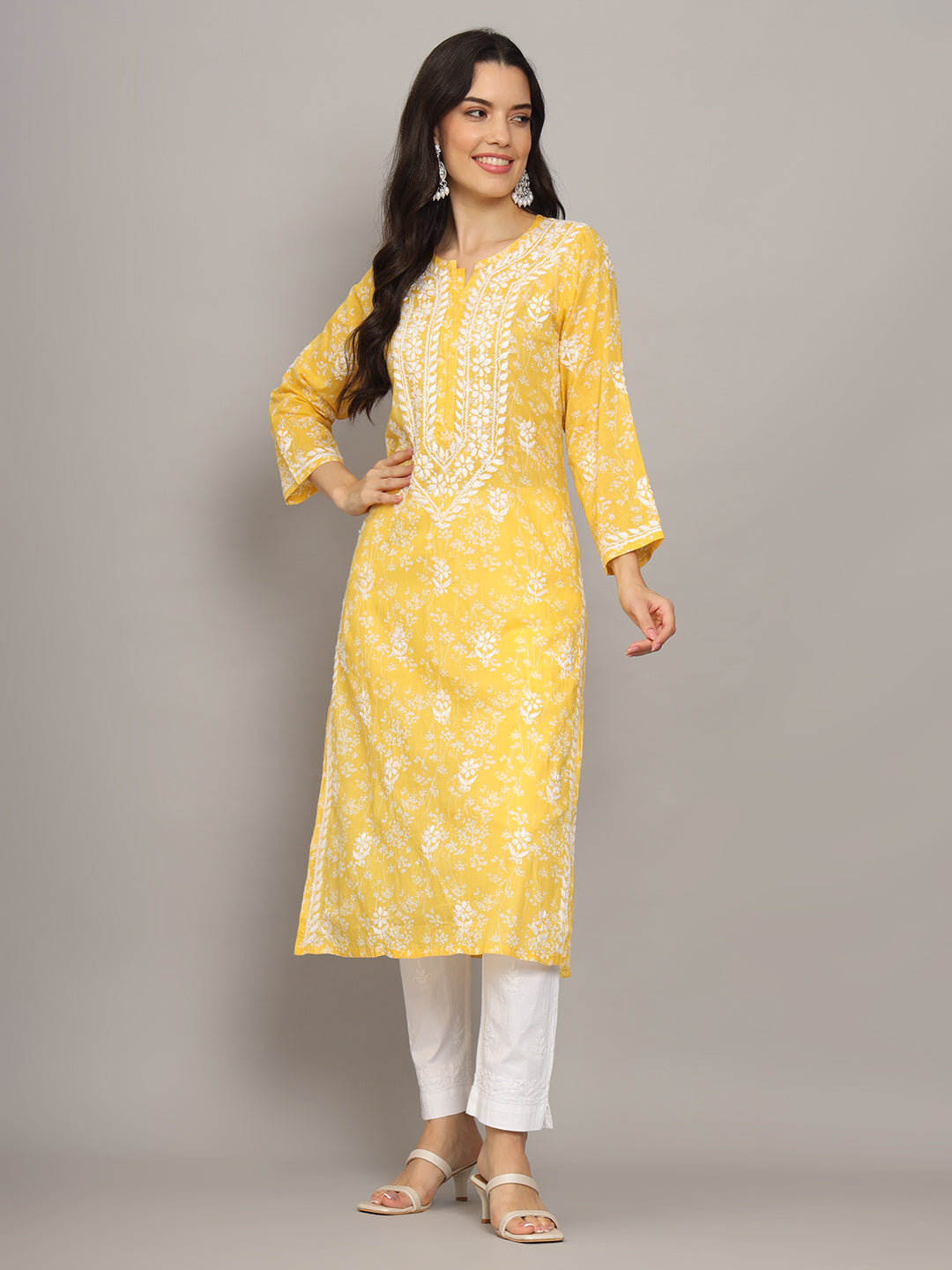 Women Hand Embroidered Chikankari Mulmul Cotton Printed Kurta-AL4041 Yellow