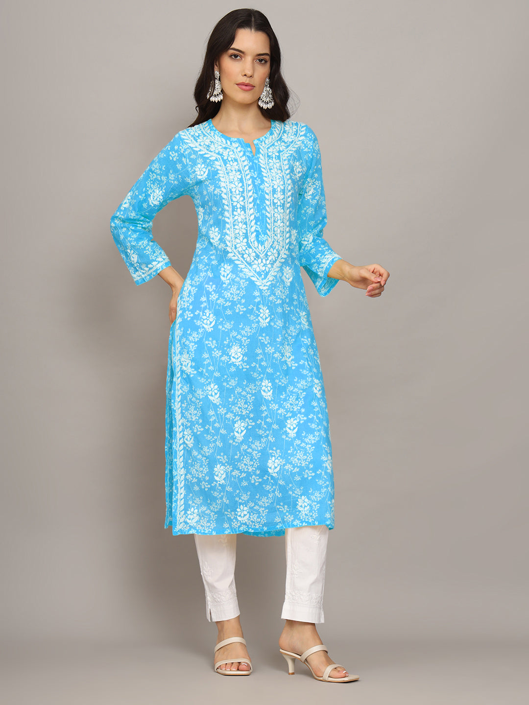 Women Hand Embroidered Chikankari Mulmul Cotton Printed Kurta-AL4041 Blue