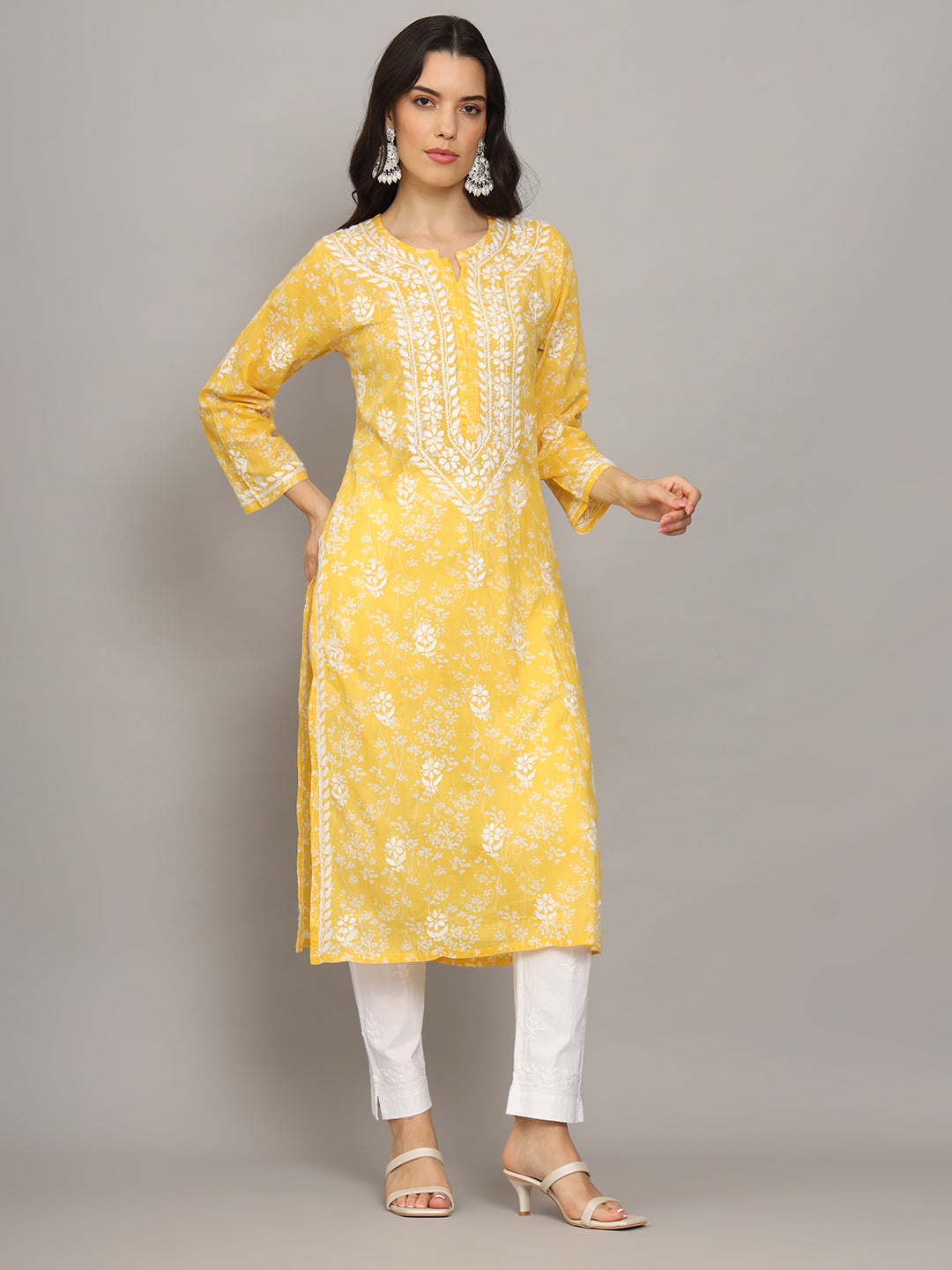 Women Hand Embroidered Chikankari Mulmul Cotton Printed Kurta-AL4041 Yellow