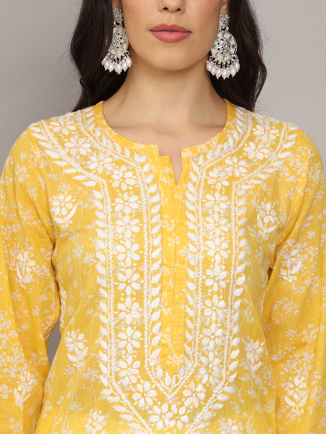 Women Hand Embroidered Chikankari Mulmul Cotton Printed Kurta-AL4041 Yellow
