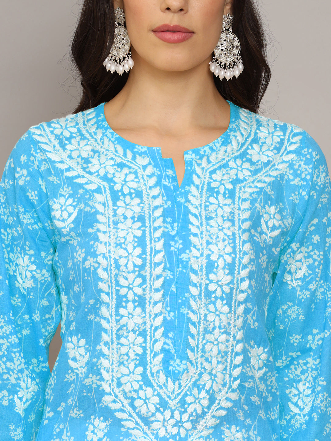 Women Hand Embroidered Chikankari Mulmul Cotton Printed Kurta-AL4041 Blue