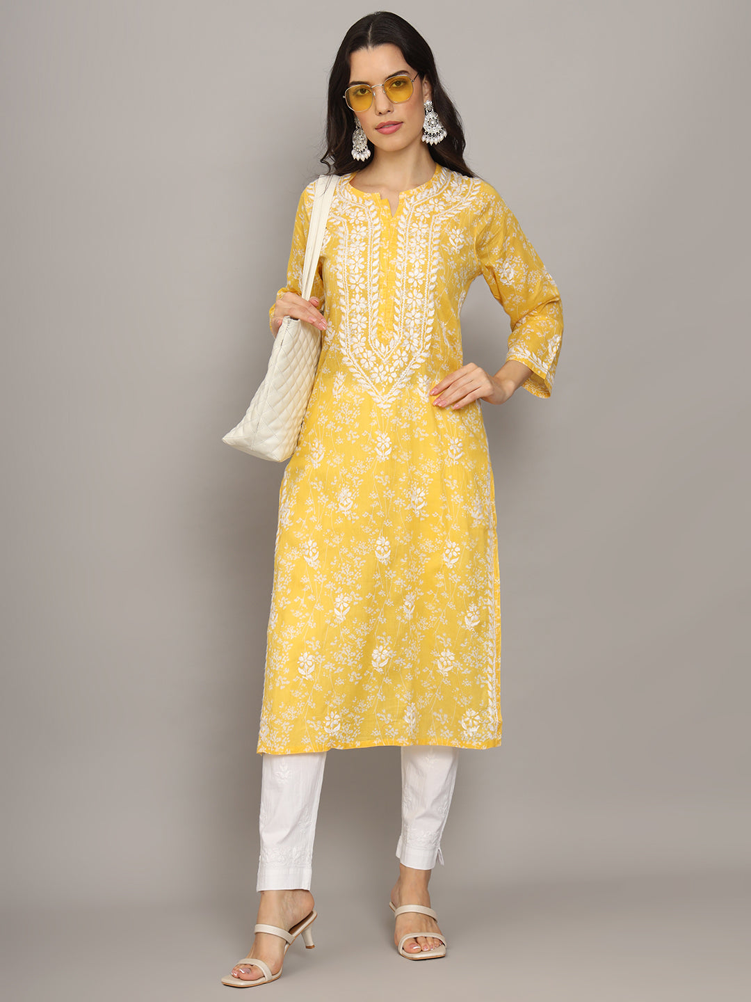 Women Hand Embroidered Chikankari Mulmul Cotton Printed Kurta-AL4041 Yellow