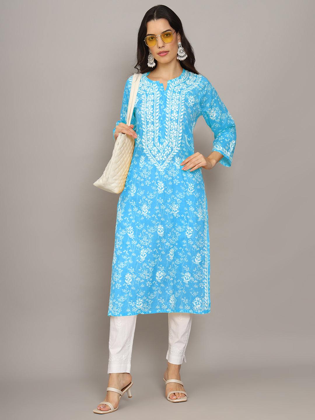 Women Hand Embroidered Chikankari Mulmul Cotton Printed Kurta-AL4041 Blue
