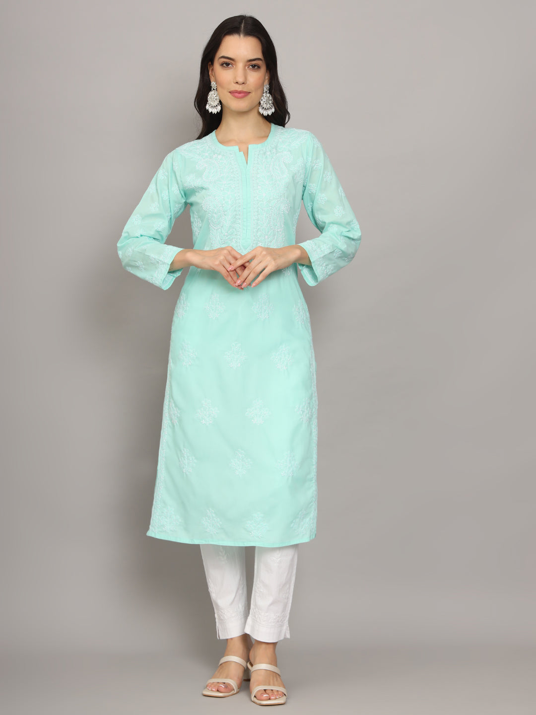 Women Hand Embroidered Chikankari Cotton Kurta-AL4043 Pink