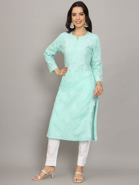 Women Hand Embroidered Chikankari Cotton Kurta-AL4043 Seagreen