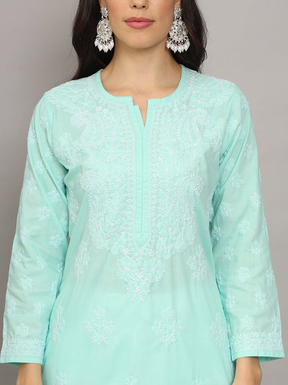 Women Hand Embroidered Chikankari Cotton Kurta-AL4043 Seagreen