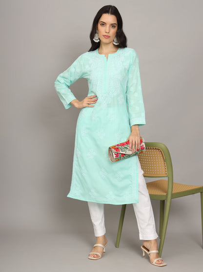 Women Hand Embroidered Chikankari Cotton Kurta-AL4043 Seagreen