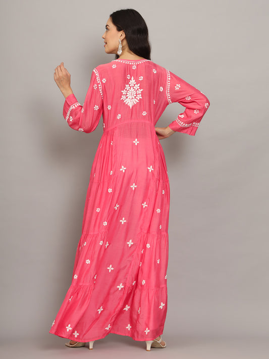 Women Hand Embroidered Chikankari Muslin Jalabiyas-AL4044 Peach