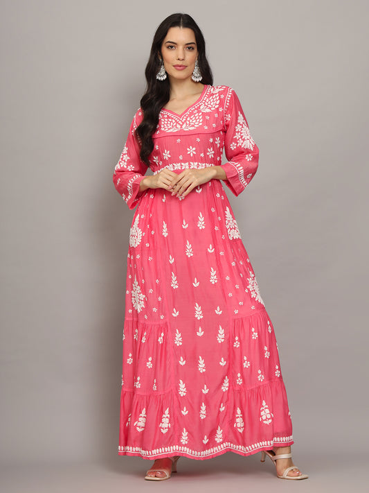 Women Hand Embroidered Chikankari Muslin Jalabiyas-AL4044 Peach