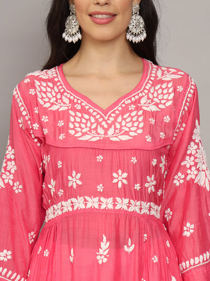 Women Hand Embroidered Chikankari Muslin Jalabiyas-AL4044 Peach