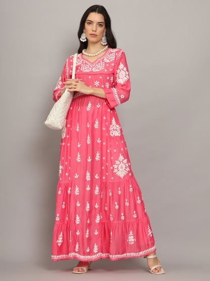 Women Hand Embroidered Chikankari Muslin Jalabiyas-AL4044 Peach