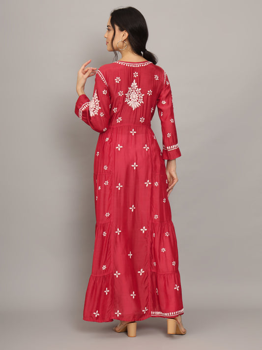 Women Hand Embroidered Chikankari Muslin Jalabiyas-AL4044 Red