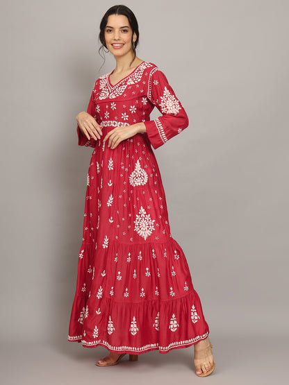 Women Hand Embroidered Chikankari Muslin Jalabiyas-AL4044 Red