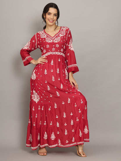 Women Hand Embroidered Chikankari Muslin Jalabiyas-AL4044 Red
