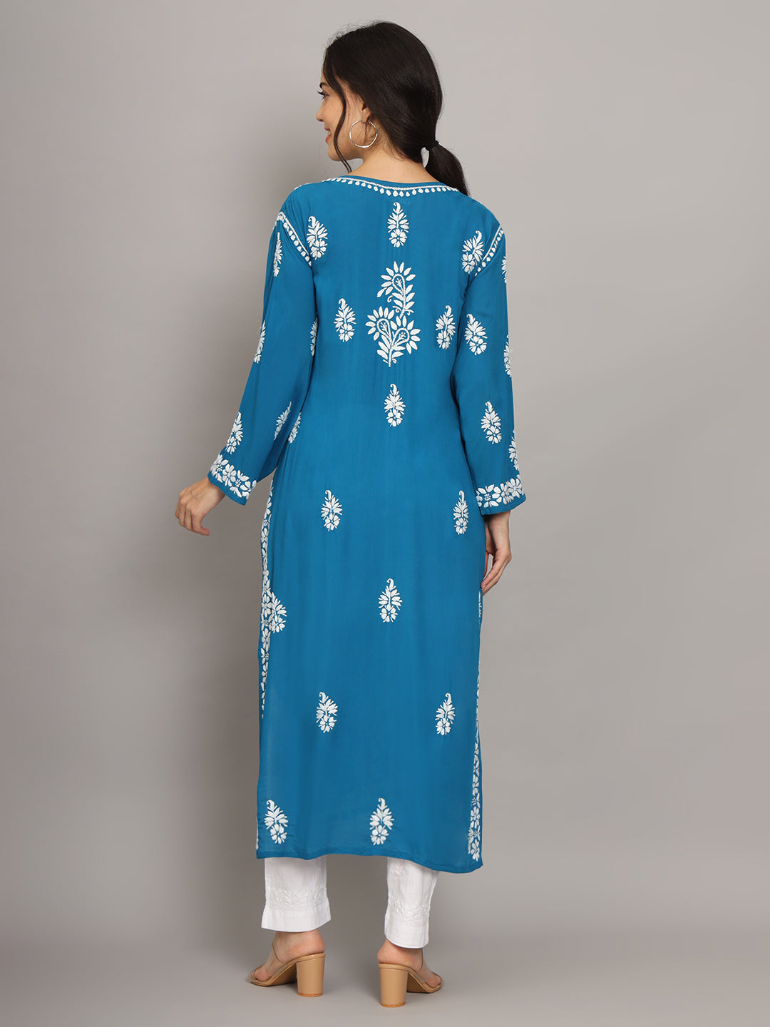 Women Chikankari Hand Embroidered Modal Kurta -AL4042 Teal