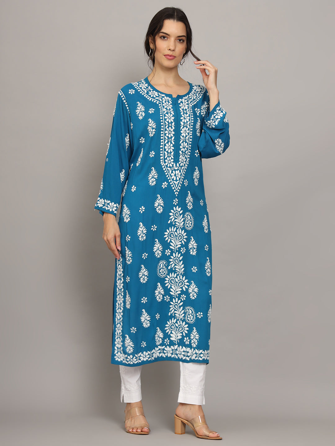 Women Chikankari Hand Embroidered Modal Kurta -AL4042 Teal