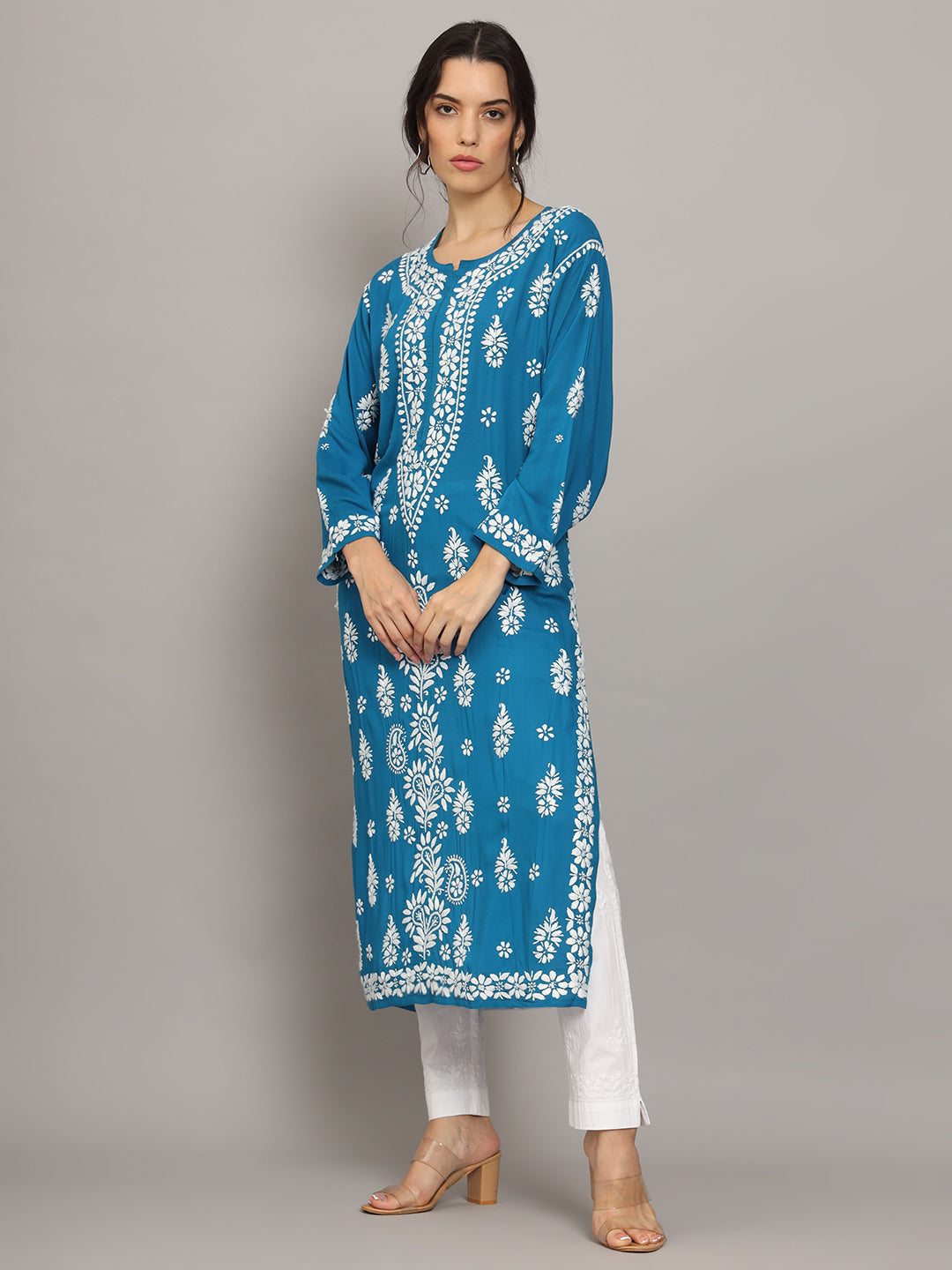 Women Chikankari Hand Embroidered Modal Kurta -AL4042 Teal