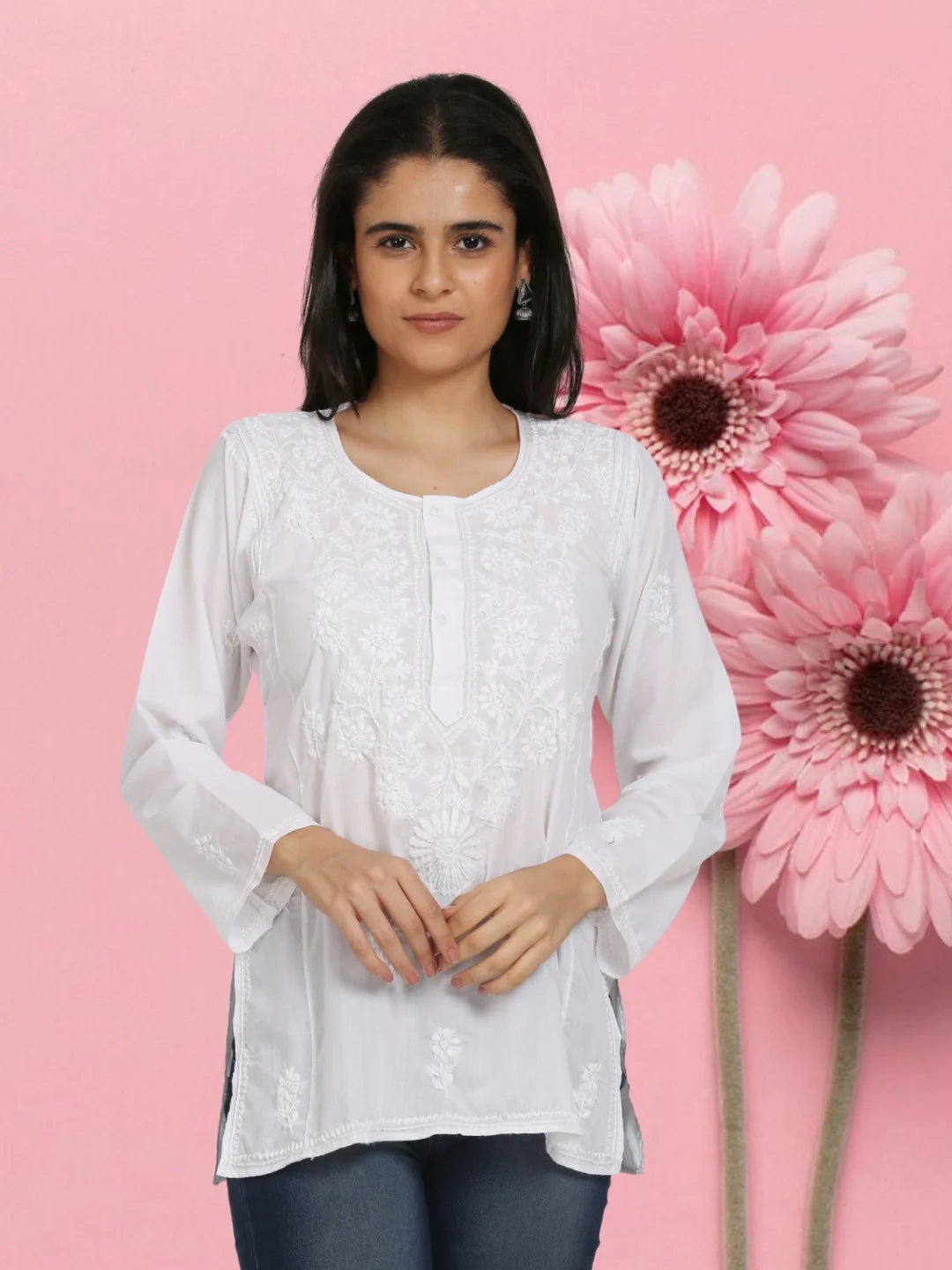 Women Hand Embroidered Chikankari Cotton Kurti-ALSTV115 White