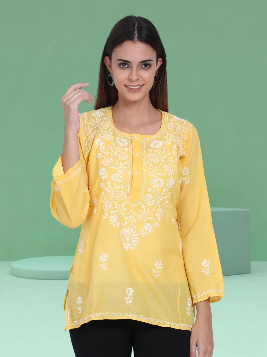 Women Hand Embroidered Chikankari Cotton Kurti-ALSTV115