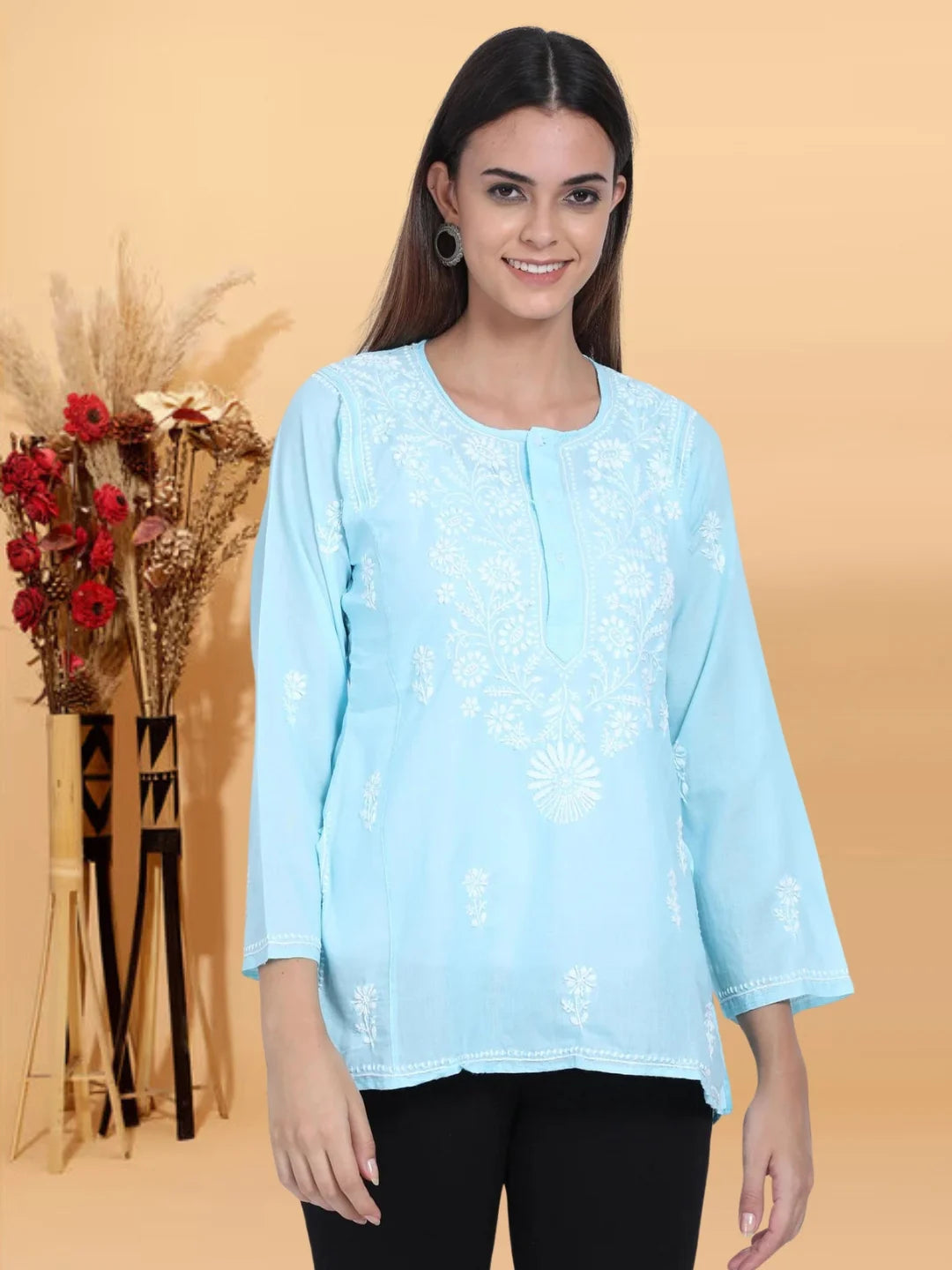 Women Hand Embroidered Chikankari Cotton Kurti-ALSTV115 Skyblue