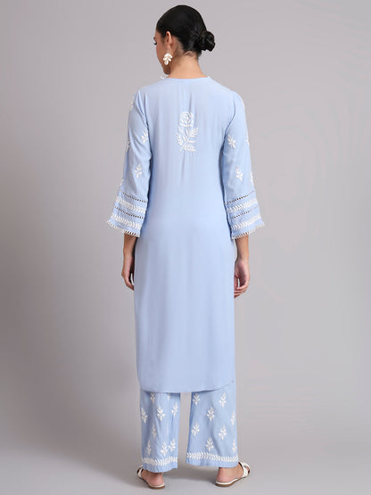 Women Hand Embroidered Lucknowi Chikankari Rayon Kurta Set-AL4078KS Denim