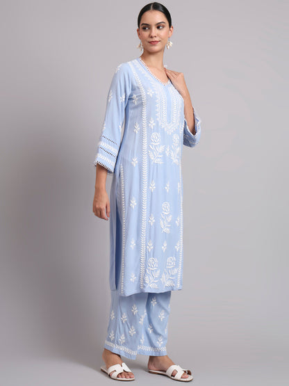 Women Hand Embroidered Lucknowi Chikankari Rayon Kurta Set-AL4078KS Denim