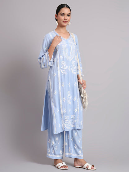 Women Hand Embroidered Lucknowi Chikankari Rayon Kurta Set-AL4078KS Denim