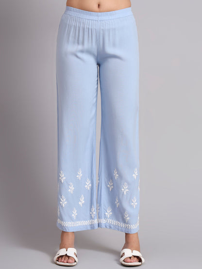 Women Hand Embroidered Lucknowi Chikankari Rayon Kurta Set-AL4078KS Denim