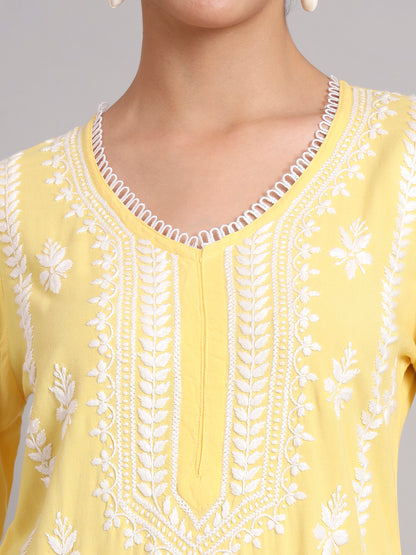 Women Hand Embroidered Lucknowi Chikankari Rayon Kurta Set-AL4078KS Yellow
