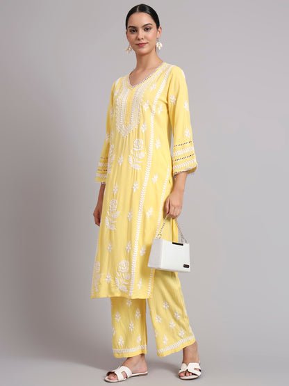 Women Hand Embroidered Lucknowi Chikankari Rayon Kurta Set-AL4078KS Yellow