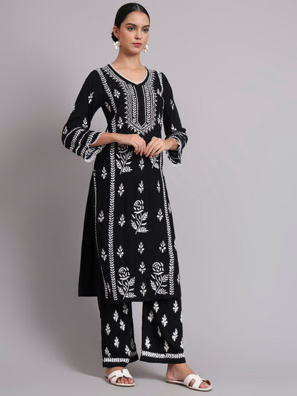 Women Hand Embroidered Lucknowi Chikankari Rayon Kurta Set-AL4078KS Black