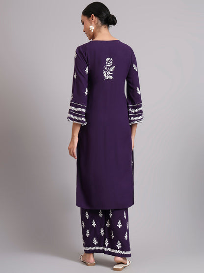 Women Hand Embroidered Lucknowi Chikankari Rayon Kurta Set-AL4078KS Purple