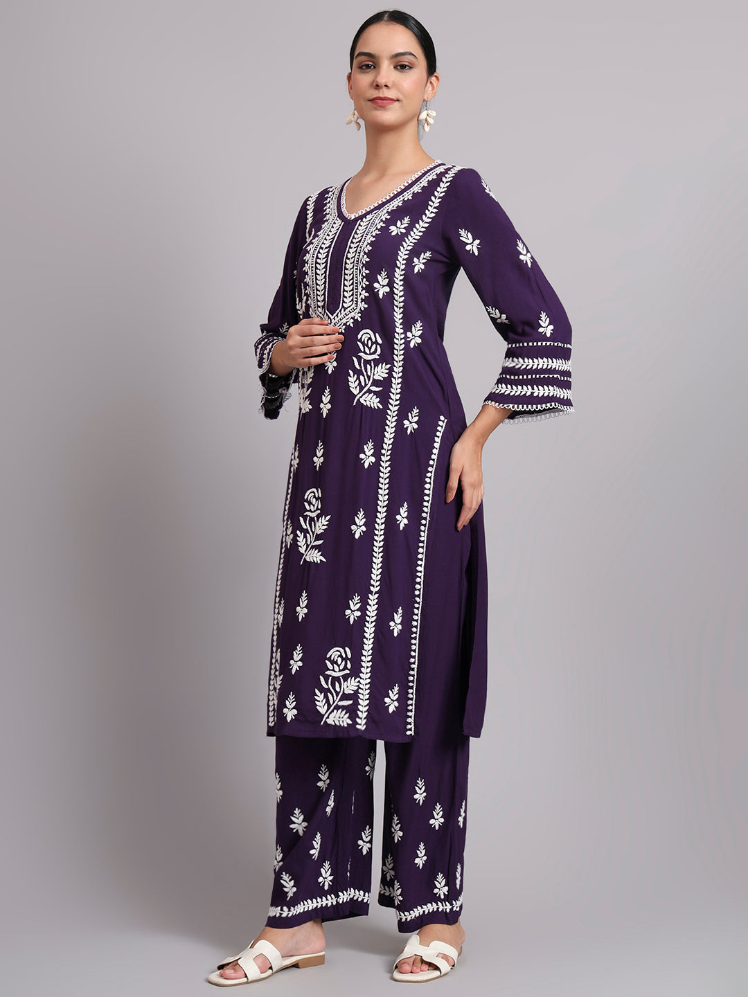 Women Hand Embroidered Lucknowi Chikankari Rayon Kurta Set-AL4078KS Purple