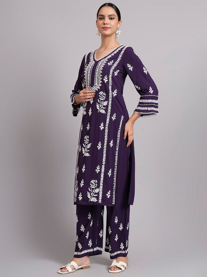 Women Hand Embroidered Lucknowi Chikankari Rayon Kurta Set-AL4078KS Purple