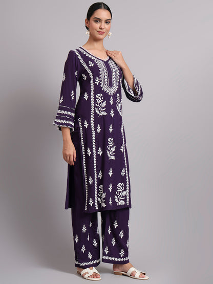 Women Hand Embroidered Lucknowi Chikankari Rayon Kurta Set-AL4078KS Purple