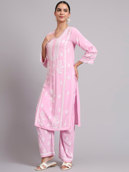 Women Hand Embroidered Lucknowi Chikankari Rayon Kurta Set-AL4078KS Pink
