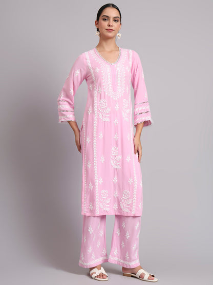 Women Hand Embroidered Lucknowi Chikankari Rayon Kurta Set-AL4078KS Pink