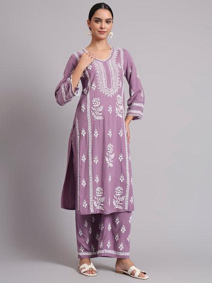 Women Hand Embroidered Lucknowi Chikankari Rayon Kurta Set-AL4078KS Mauve