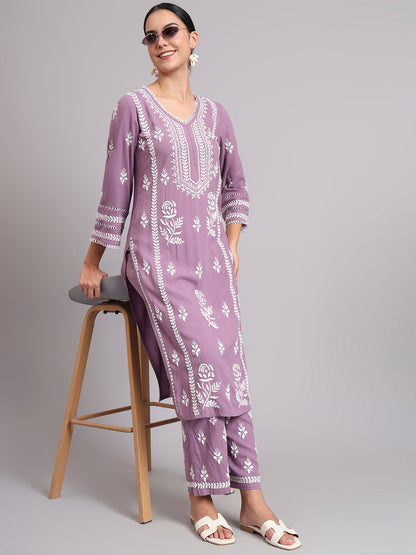 Women Hand Embroidered Lucknowi Chikankari Rayon Kurta Set-AL4078KS Mauve