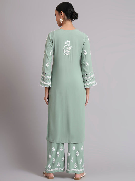 Women Hand Embroidered Lucknowi Chikankari Rayon Kurta Set-AL4078KS Green