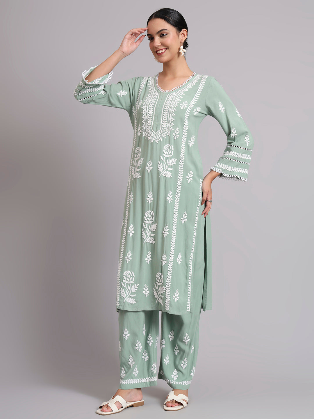 Women Hand Embroidered Lucknowi Chikankari Rayon Kurta Set-AL4078KS Green